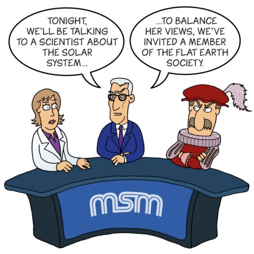 A male reporter is interviewing a woman with a lab coat and a man wearing renaissance-era clothing. The reporter says "Tonight, we'll be talking to a scientist about the solar system. To balance her views, we've invited a member of the flat earth society."