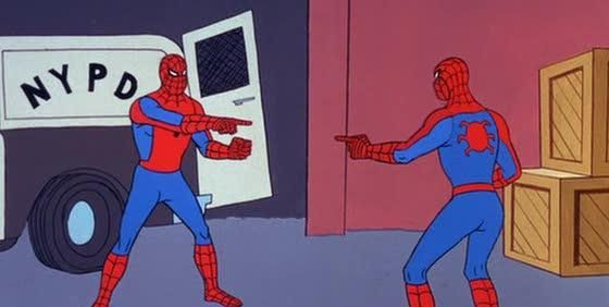 spiderman pointing to a doppelganger
