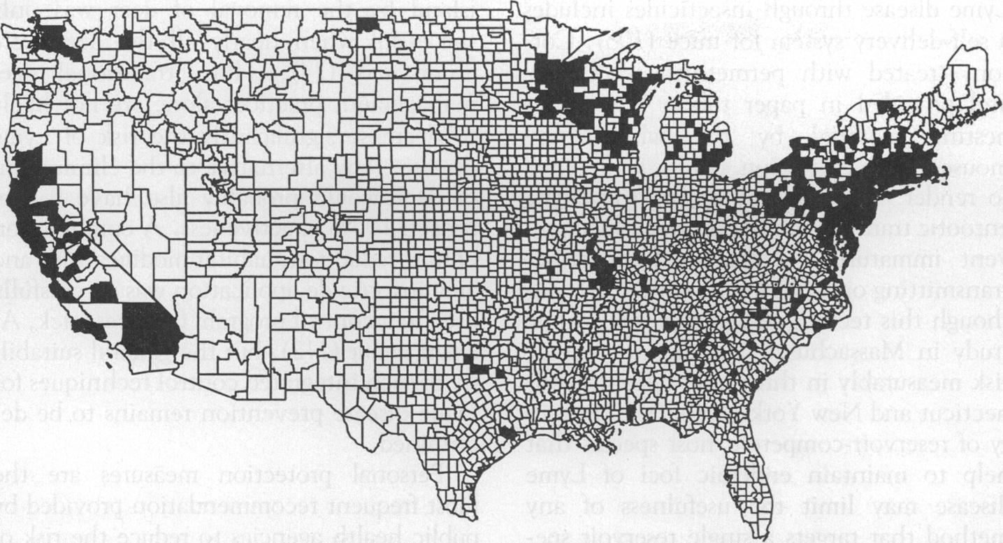 CDC-produced map by county of reported Lyme disease cases in 1990